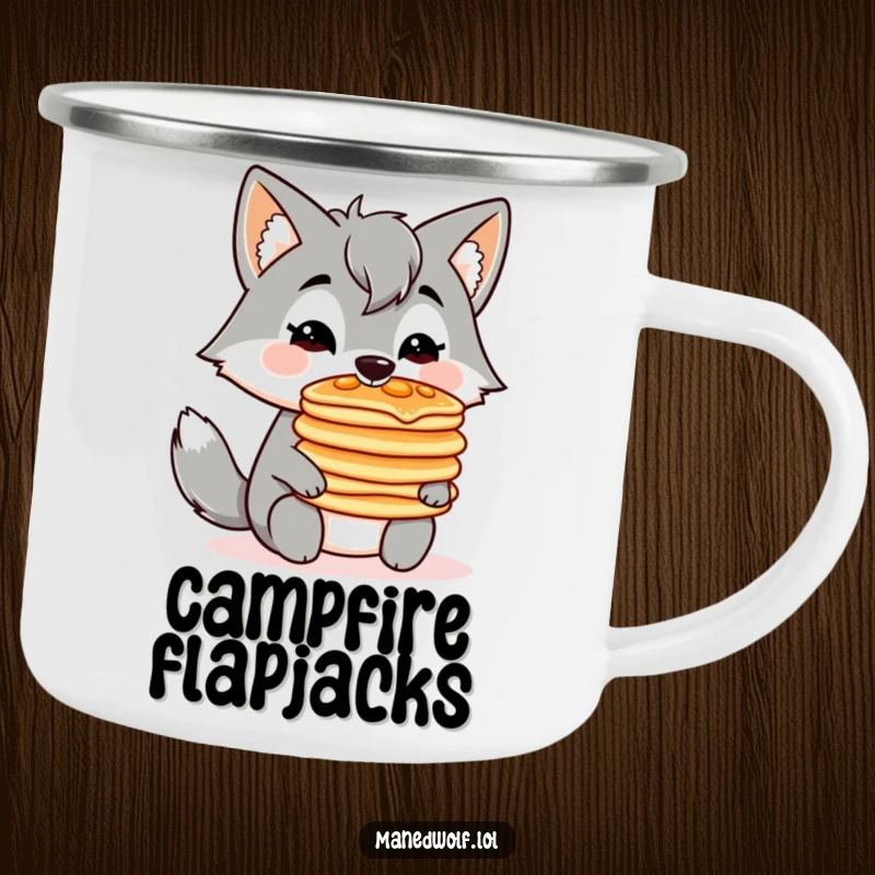 Funny enamel camping mug with a kawaii maned wolf balancing a stack of pancakes on its nose, perfect for outdoor breakfasts.