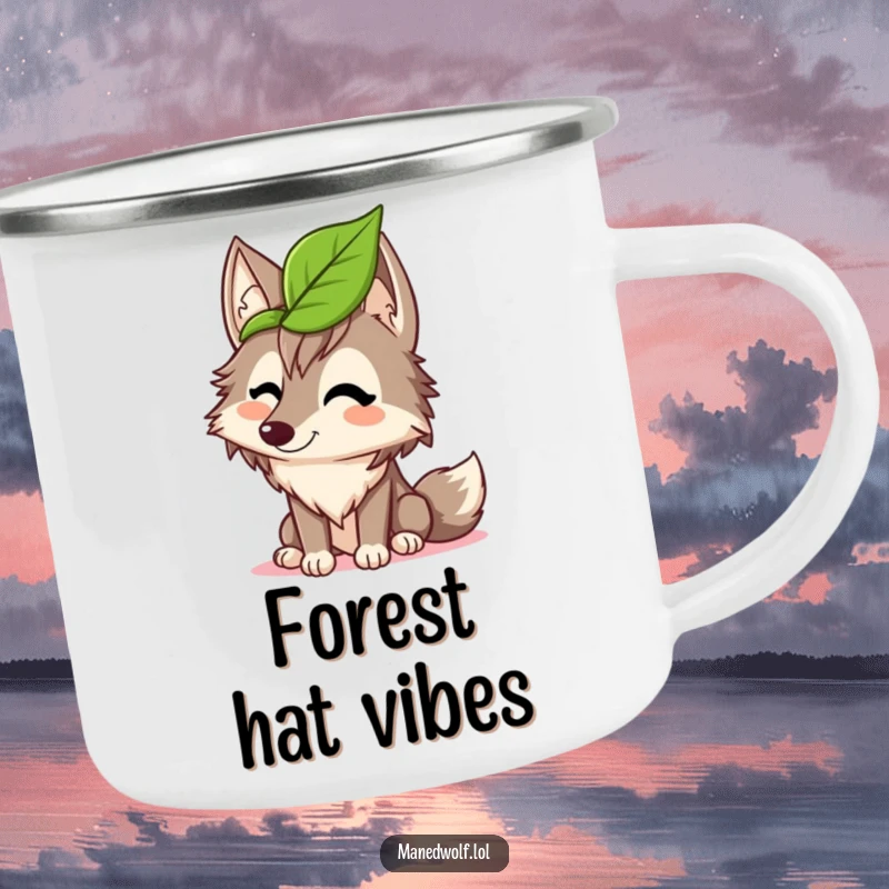 Funny maned wolf camping mug illustrating a wolf giggling with a leaf hat, designed for outdoor enthusiasts who appreciate humor.