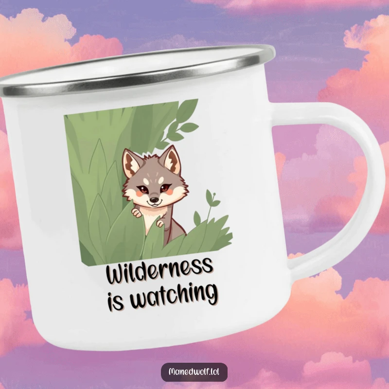 Funny camping mug showing a maned wolf peeking curiously from behind a leafy bush.