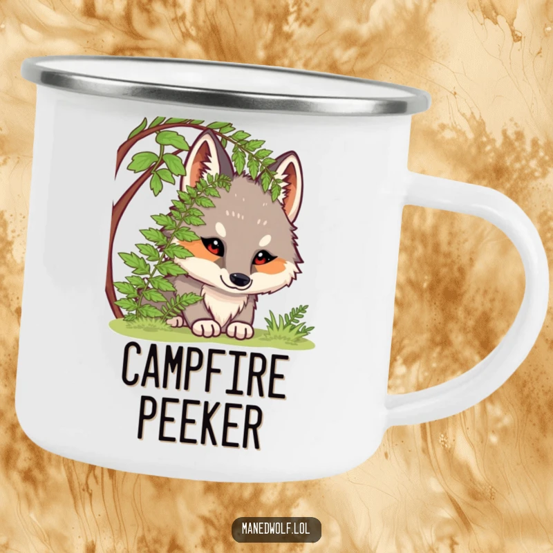 Funny camping mug with a chubby maned wolf peeking from under a fern, ideal for curious outdoor enthusiasts.