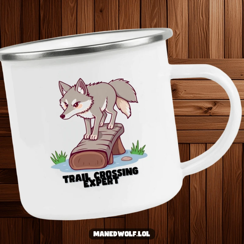 Funny determined maned wolf camping mug, carefully crossing a log bridge, durable for focused outdoor pursuits.