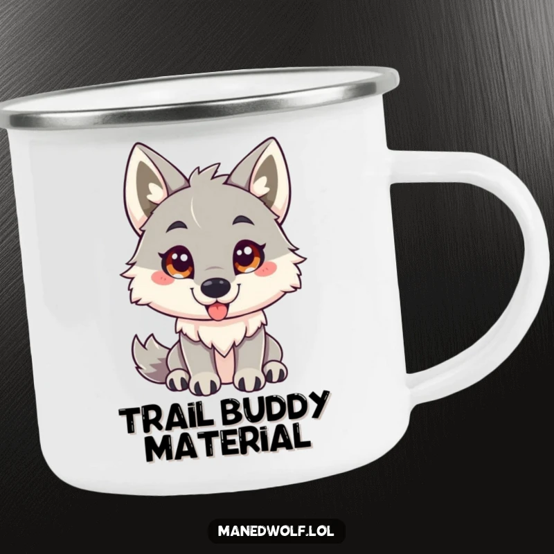 Funny maned wolf camping mug showing a friendly maned wolf with an inviting gaze, ready to play.