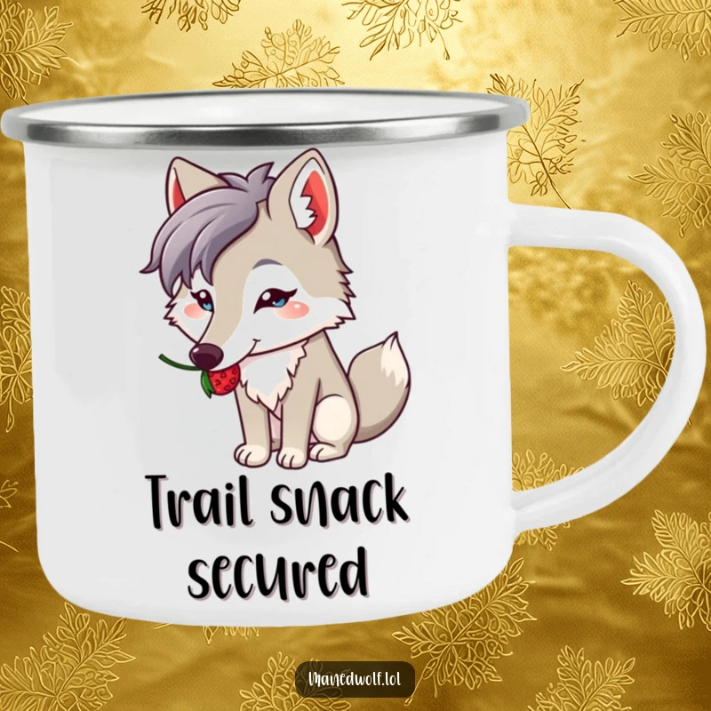 Funny camping mug with a kawaii maned wolf balancing a berry on its snout, perfect for enjoying drinks outdoors with charm.