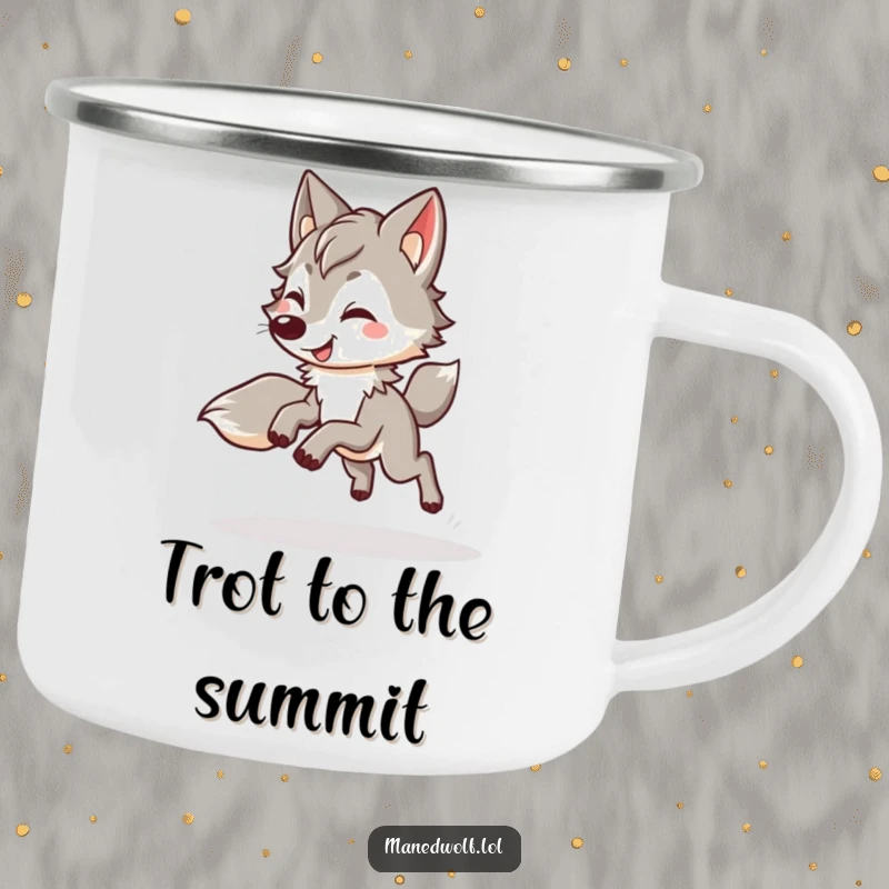 Funny kawaii maned wolf camping mug with a cute wolf doing a happy, bouncy trot, perfect for your outdoor beverage needs.