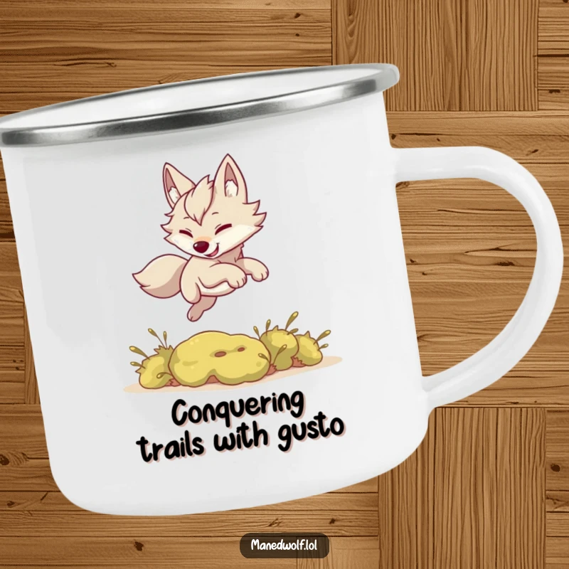 Funny camping mug: a kawaii maned wolf playfully leaping over a small bush, durable for outdoors.