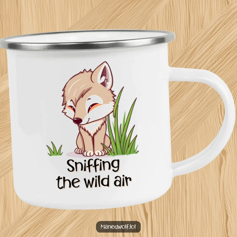 Funny Kawaii Maned Wolf Camping Mug showing a cute wolf curiously sniffing grass, perfect for outdoor adventures and nature lovers.