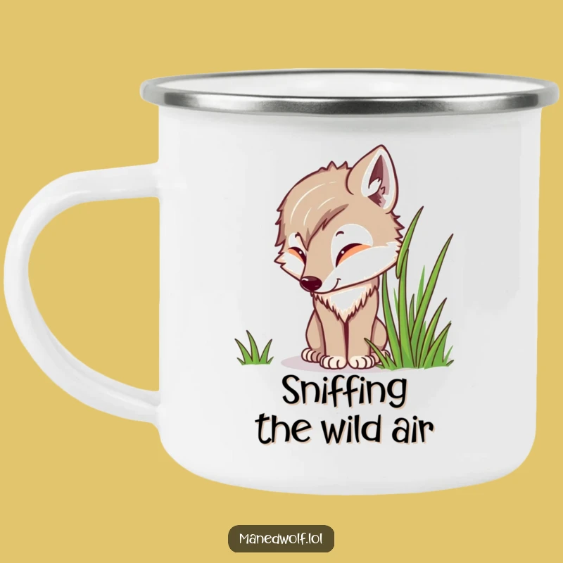 Funny Kawaii Maned Wolf Camping Mug, Curious Sniffing Wolf Cup, Outdoor Explorer Gift