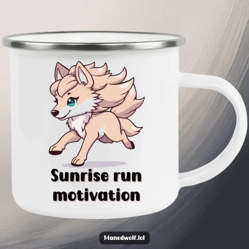 Funny kawaii maned wolf camping mug with a cute wolf running and its mane flowing, perfect for outdoor beverage enjoyment.