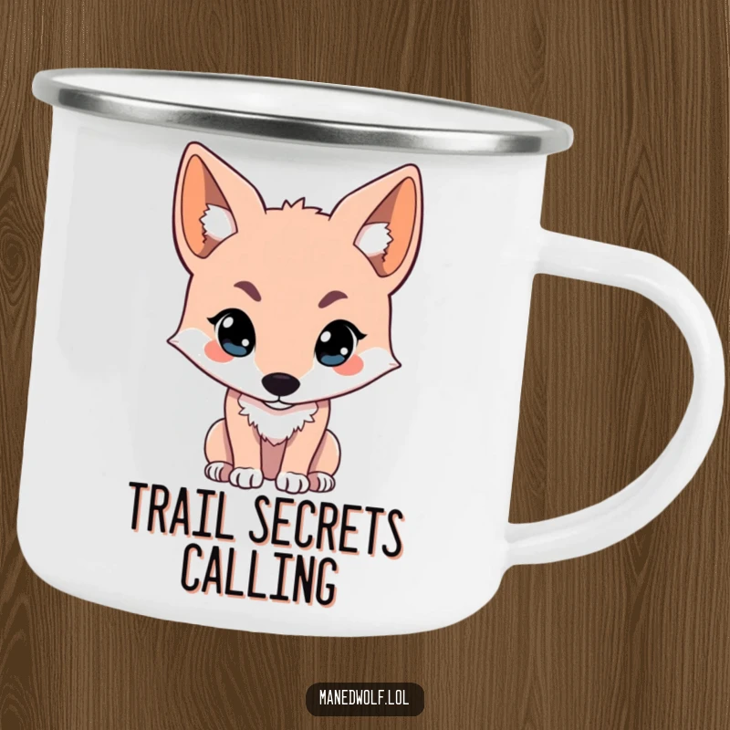 Funny kawaii maned wolf camping mug with a cute wolf looking intently off-screen, perfect for your outdoor beverage needs.