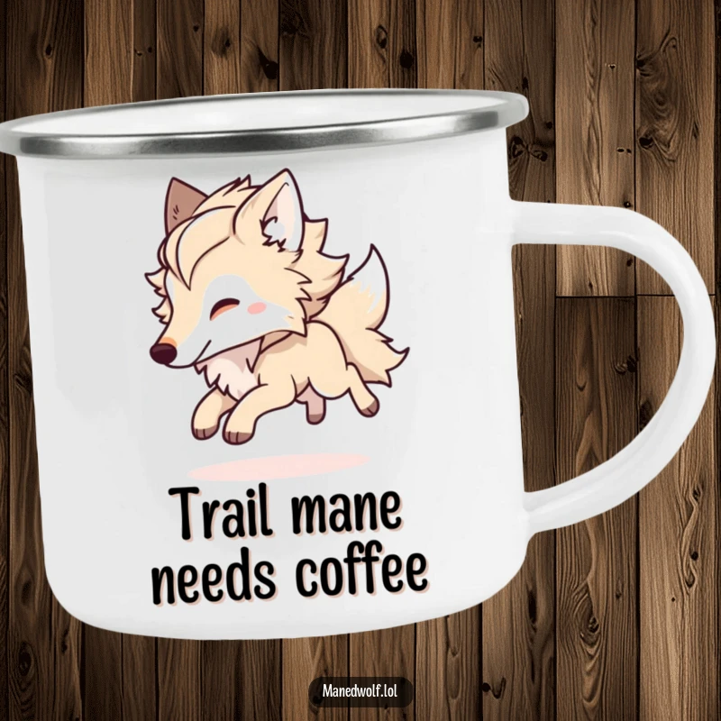 Funny Kawaii Maned Wolf Camping Mug featuring a fluffy-maned wolf bounding joyfully, perfect for rustic adventures and joyful sips.