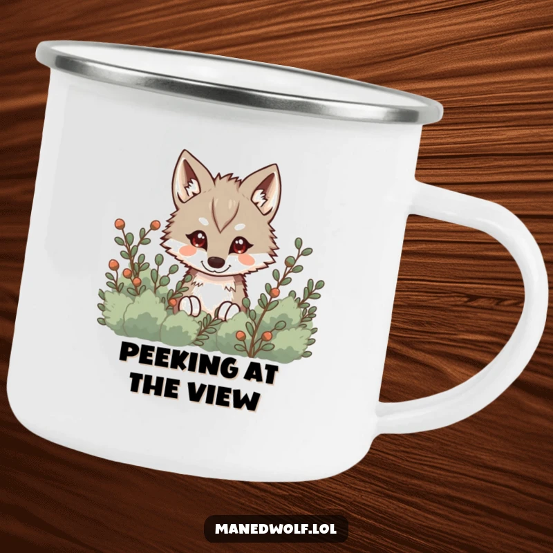 Funny Kawaii Maned Wolf Camping Mug showing a cute wolf peeking from behind bushes, perfect for mysterious outdoor moments.
