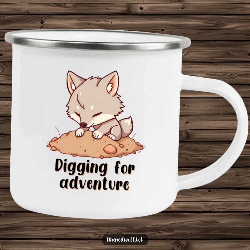 Funny Kawaii Maned Wolf Camping Mug featuring a wolf happily digging, durable for outdoor use, a perfect funny gift.