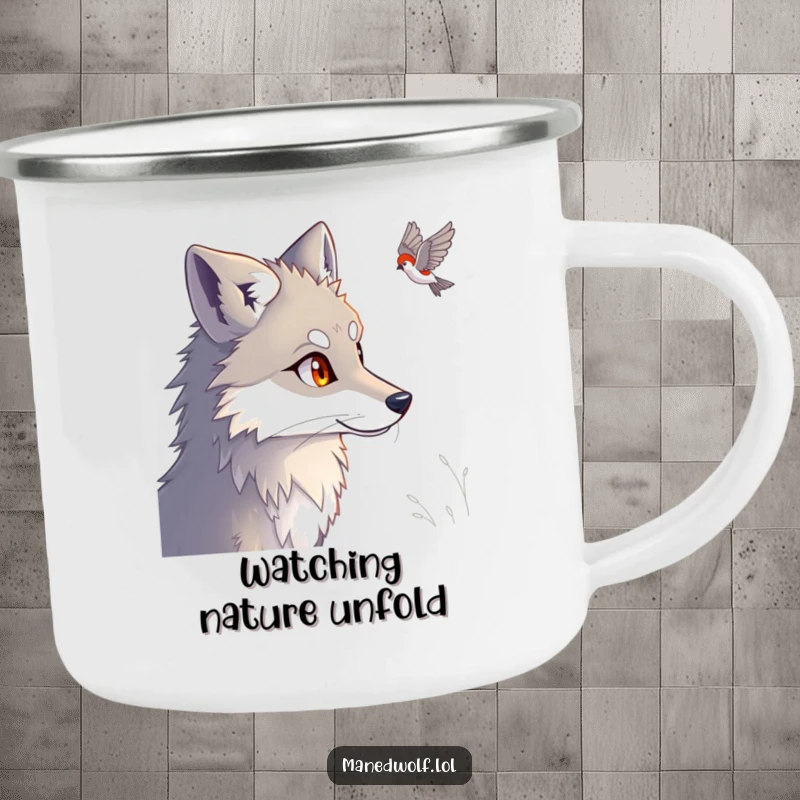 Funny Maned Wolf Camping Mug showing a maned wolf with bright eyes, humorously keeping watch during your outdoor escapades.