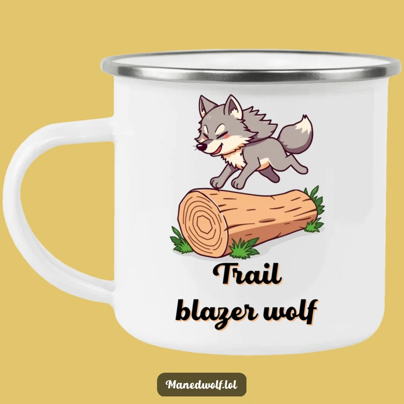 Funny Maned Wolf Camping Mug: Energetic Leap, Outdoor Fun Gift!