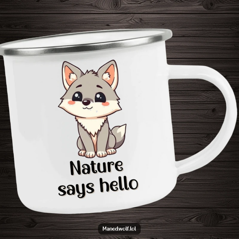 Funny Kawaii Maned Wolf Camping Mug: A durable mug with a friendly wolf greeting, perfect for campers who enjoy warmth and humor.