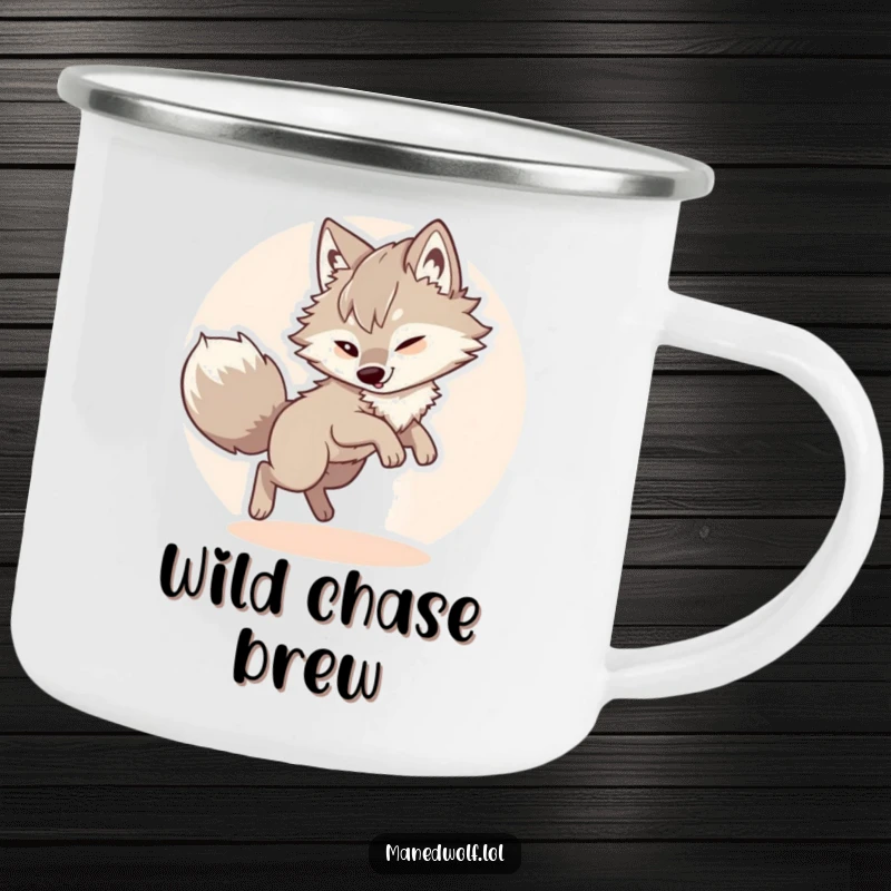 Funny maned wolf camping mug, showing a fluffy wolf comically chasing its tail, ideal for outdoor enthusiasts.