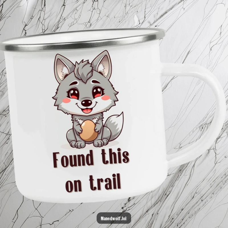 Funny camping mug with a maned wolf cheerfully offering a shiny pebble, perfect for enjoying drinks outdoors with a kind gesture.