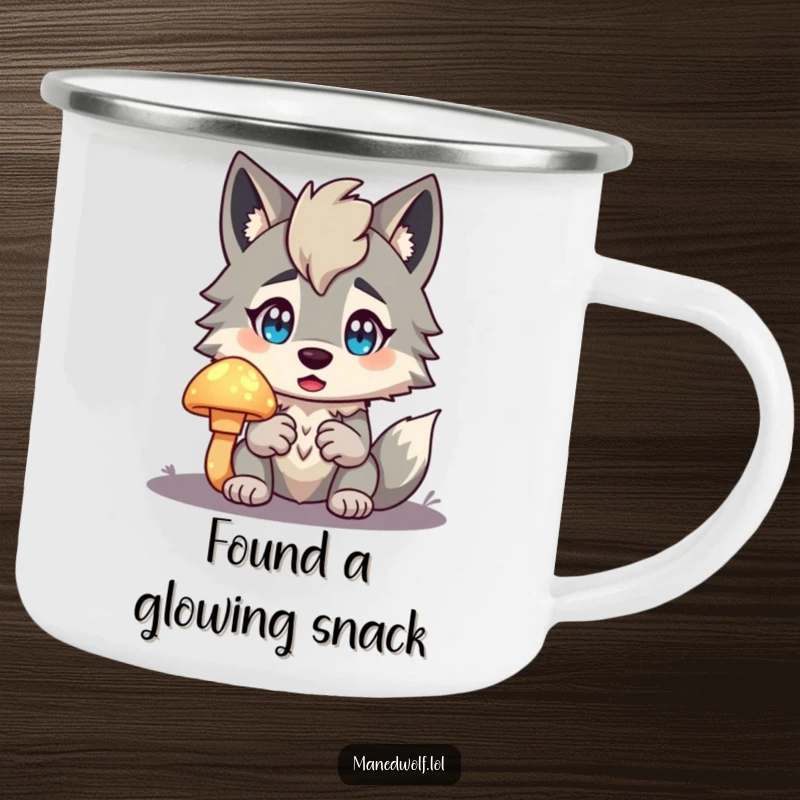Funny Maned Wolf Camping Mug featuring a character surprised by a glowing mushroom, perfect for enjoying drinks in the wild with humor.