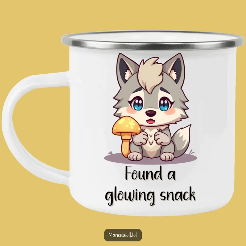 Funny Maned Wolf Camping Mug: Mushroom Surprise, Enchanted Outdoors Gift!