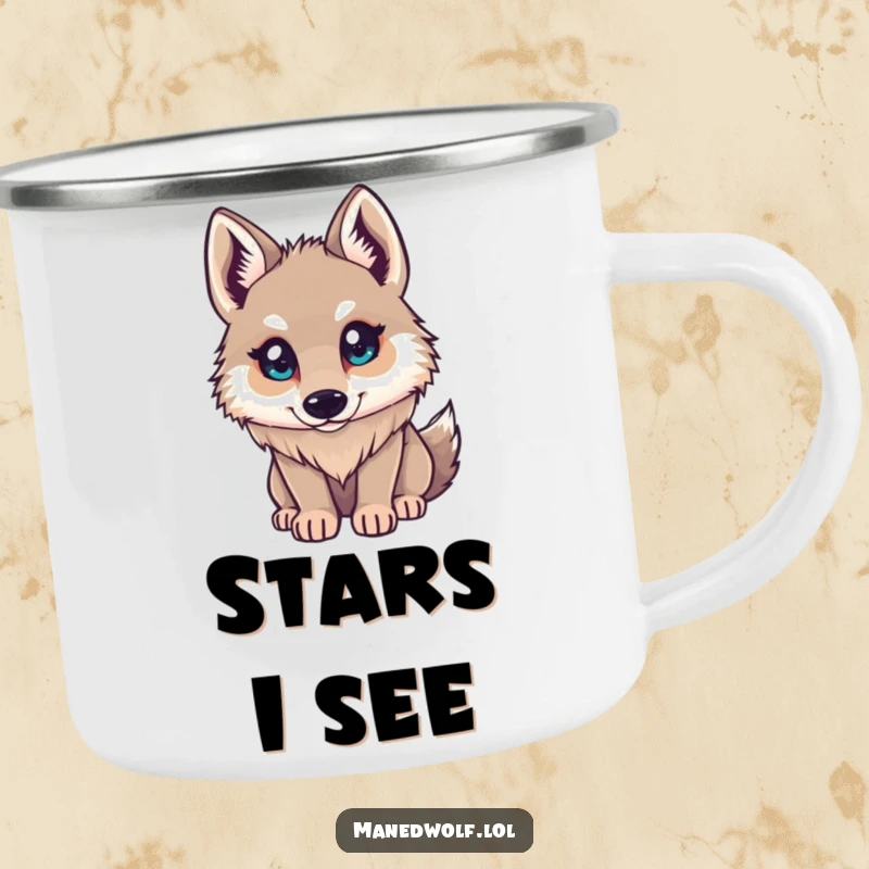 Funny Maned Wolf Camping Mug: Character looking up with curious eyes, ready for adventure, bringing wonder to outdoor mugs.