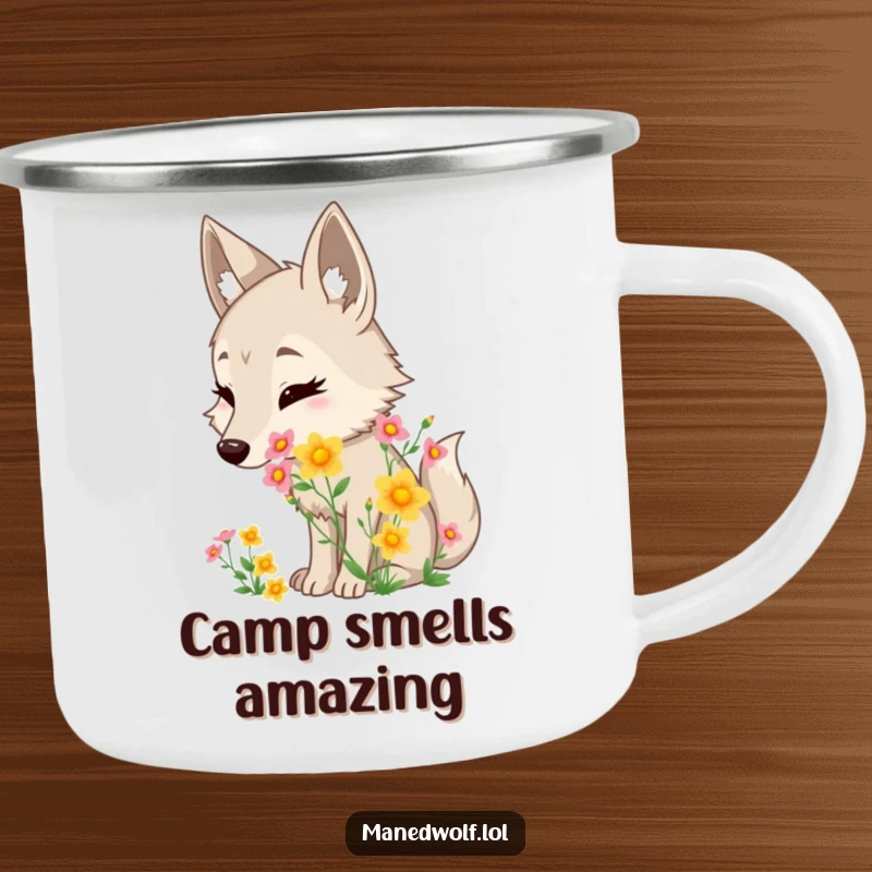 Funny maned wolf camping mug showing a character delightedly sniffing wildflowers, perfect for enjoying nature's scents outdoors.