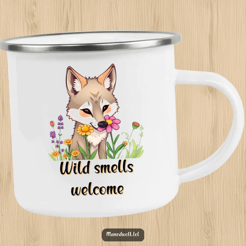 Funny maned wolf camping mug showing a curious wolf sniffing a colorful wildflower.