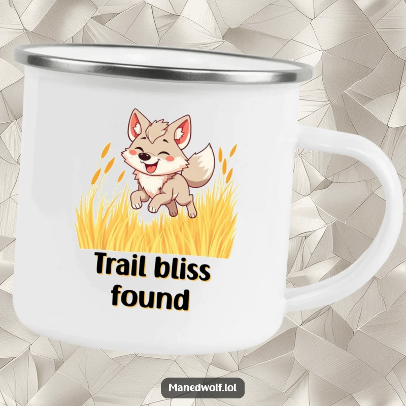 Funny maned wolf camping mug showing a happy wolf bounding joyfully through golden grass.