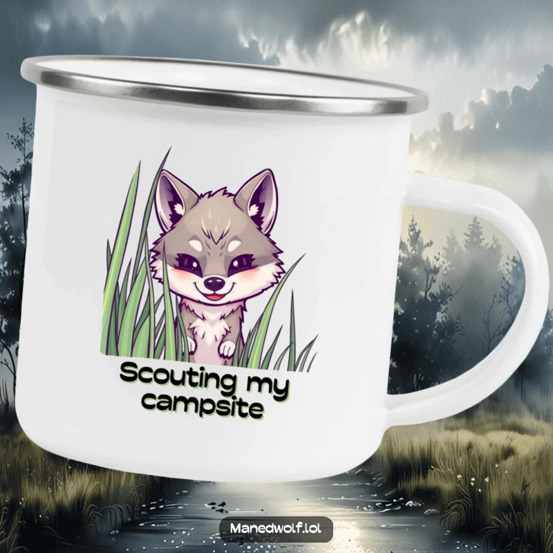 Funny maned wolf camping mug showing a wolf peeking from grass, designed for outdoor enthusiasts who appreciate playful and charming designs.