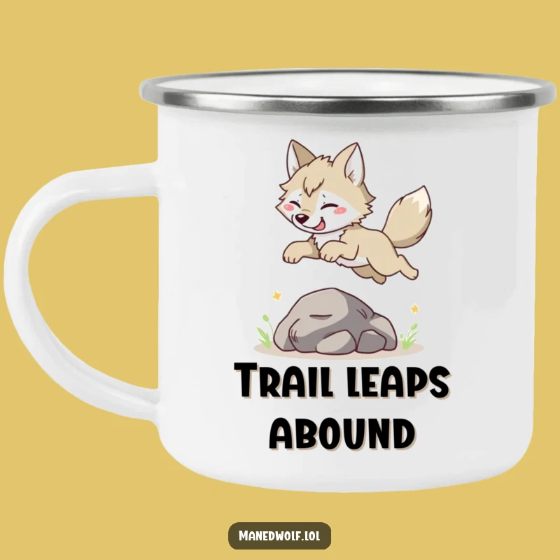 Funny Maned Wolf Leaping Camping Mug: Adventure with Joyful Spirit