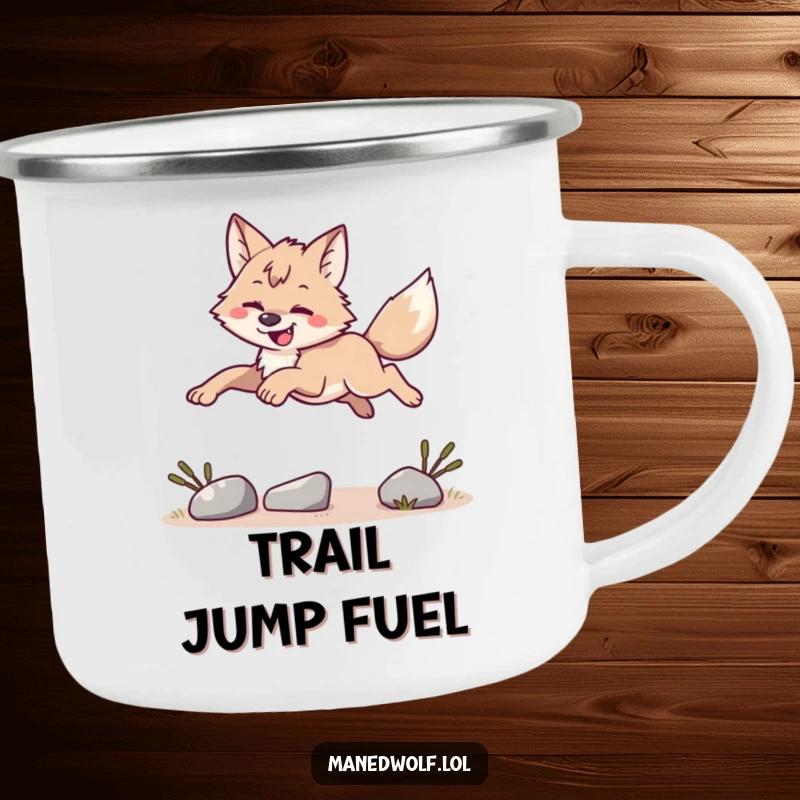 Funny maned wolf leaping over an obstacle, durable enamel camping mug, adventurous funny gift.