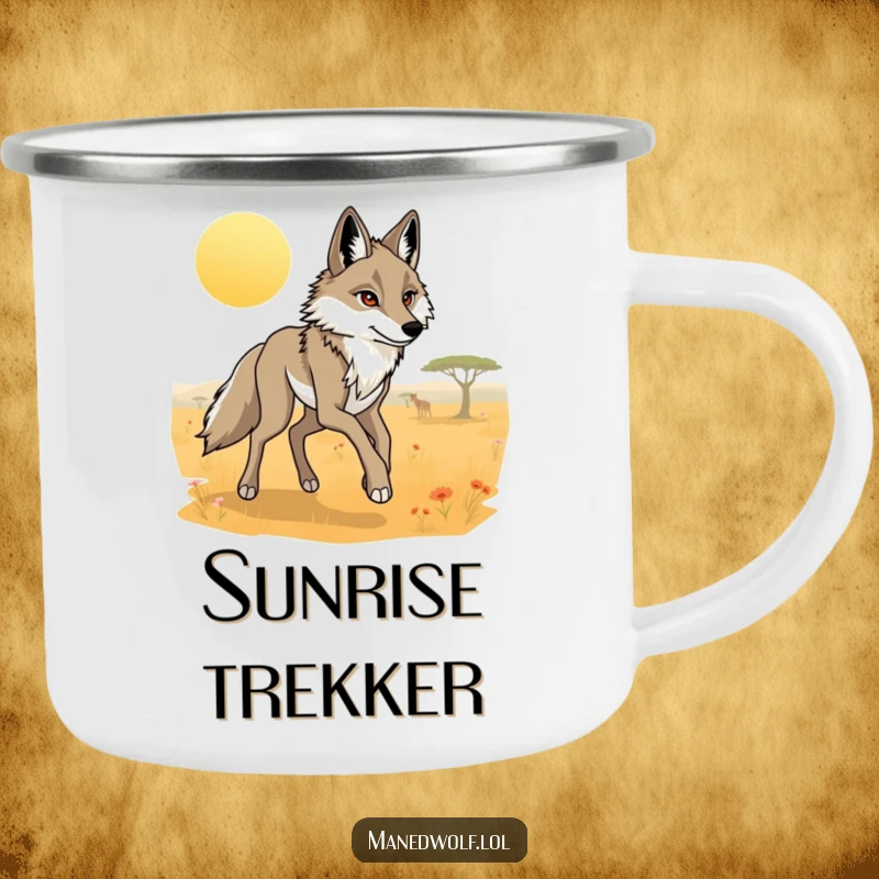 Funny maned wolf camping mug showing a graceful wolf trotting through a sunlit savanna.