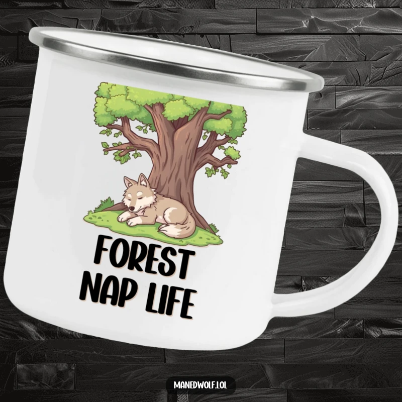 Funny maned wolf camping mug showing a content maned wolf resting peacefully under a large tree.