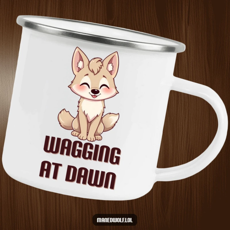 Funny playful maned wolf camping mug, tail wagging, friendly nod, durable for friendly outdoor adventures.