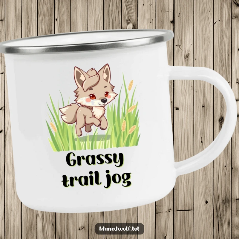 Funny Maned Wolf Camping Mug: Character happily trotting through grass, ready for adventure, bringing joy to outdoor mugs.