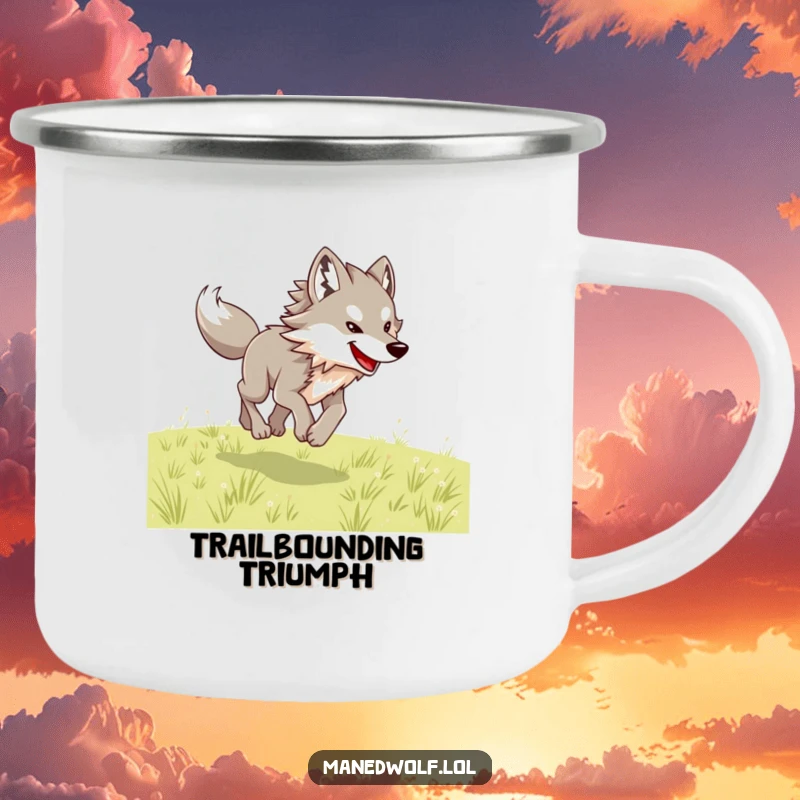 Funny maned wolf camping mug showing a happy wolf joyfully bounding across an open field.