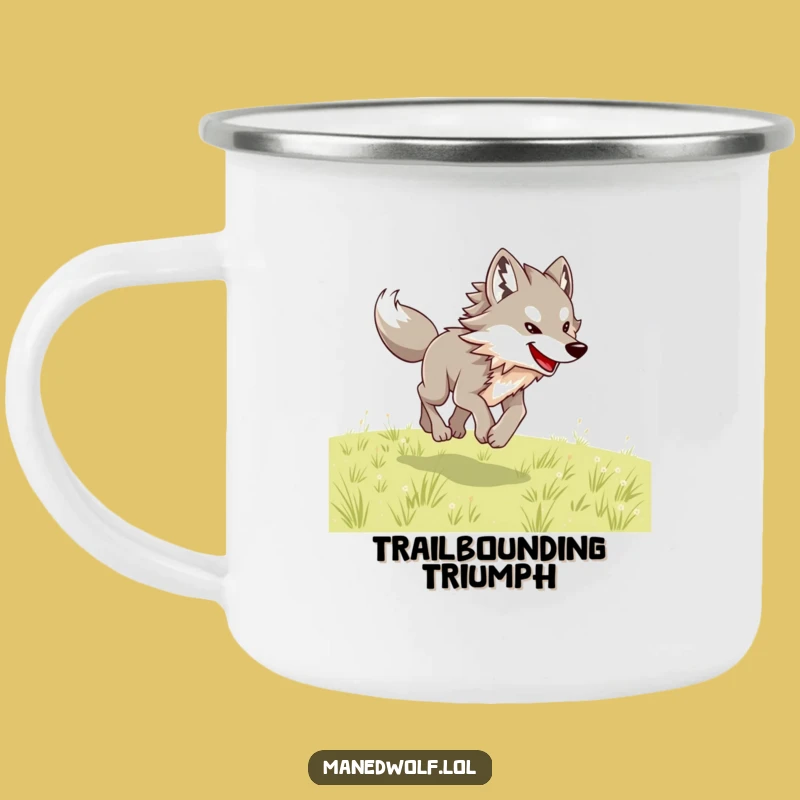 Joyful Maned Wolf Bounding Camping Mug: Adventure Fuel with Funny Energy!
