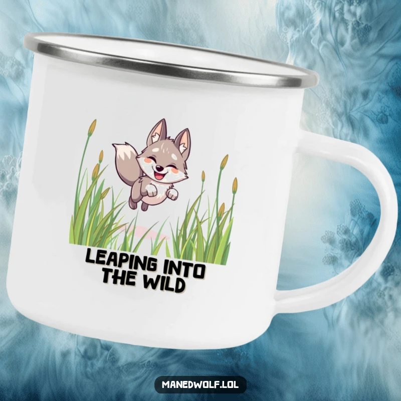 Funny maned wolf camping mug, happy, leaping through grass, durable mug for outdoor enthusiasts who love joy.