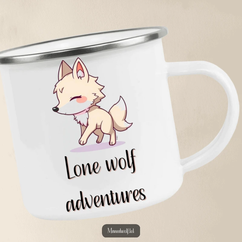 Funny maned wolf camping mug, a creature playfully chases its shadow, perfect for outdoor fun and hilarious gifts.