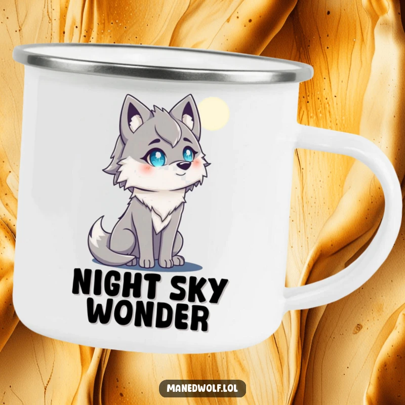 Funny maned wolf camping mug with sparkling eyes looking at the moon, perfect for outdoor magic.