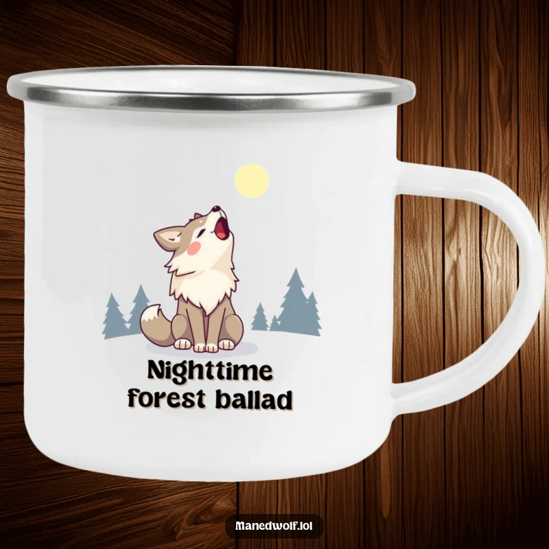 Kawaii Maned Wolf Camping Mug featuring a cute maned wolf howling happily at the moon, perfect for adventures.