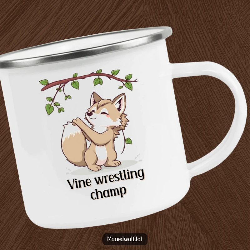 Funny Maned Wolf Camping Mug depicting a playful maned wolf batting at a vine, perfect for jungle adventures.