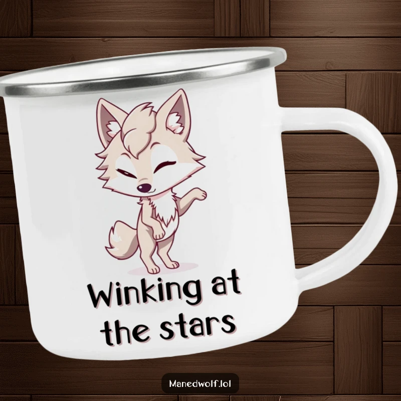 Funny maned wolf camping mug showing a character winking playfully while balancing on one paw, ideal for outdoor fun.
