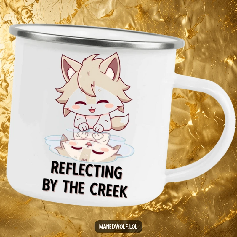 Funny camping mug showing a maned wolf character giggling while looking at its reflection in a puddle.