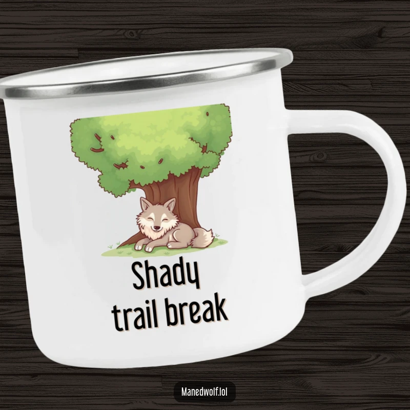 Funny camping mug with a contented maned wolf resting peacefully under a large, shady tree.
