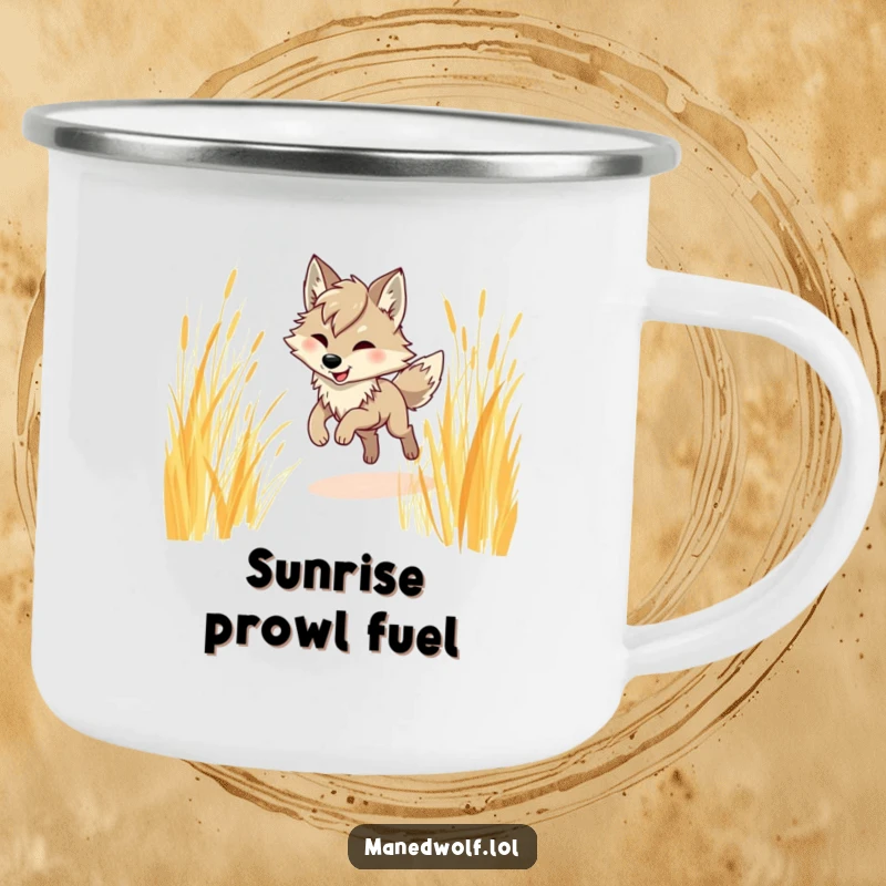 Funny maned wolf camping mug, humorously depicting a maned wolf prancing through tall golden grass in a scenic outdoor setting.