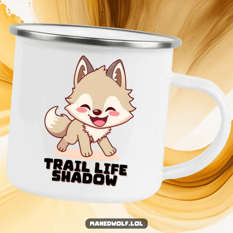 Funny maned wolf camping mug illustrating a wolf's comical shadow-chasing adventure, designed for outdoor enthusiasts with a sense of humor.