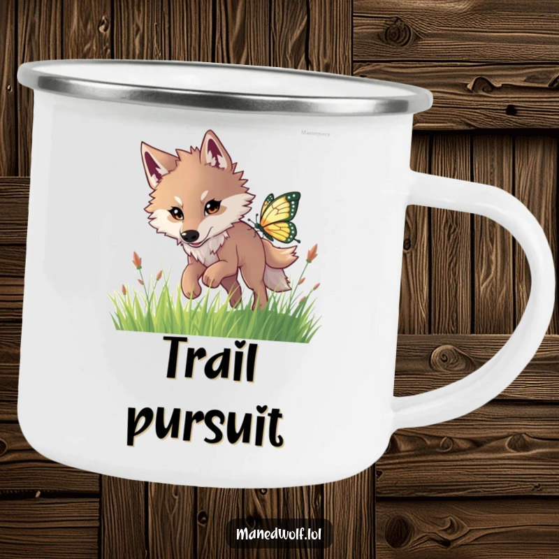 Funny maned wolf camping mug showing a playful wolf chasing a vibrant butterfly in a grassy field.