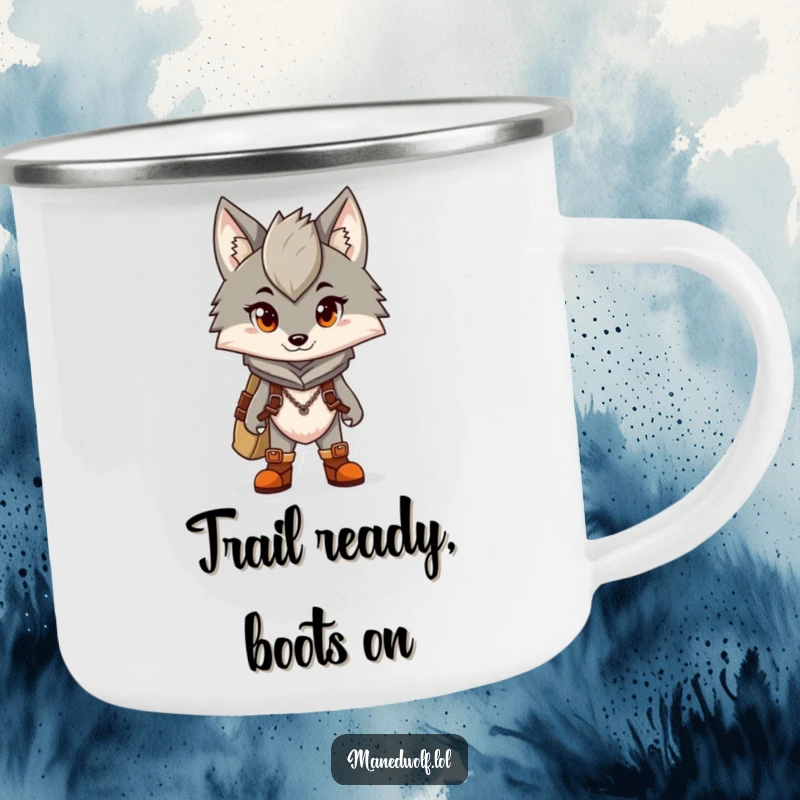 Funny camping mug showing a maned wolf character wearing tiny boots, ready for any outdoor adventure.