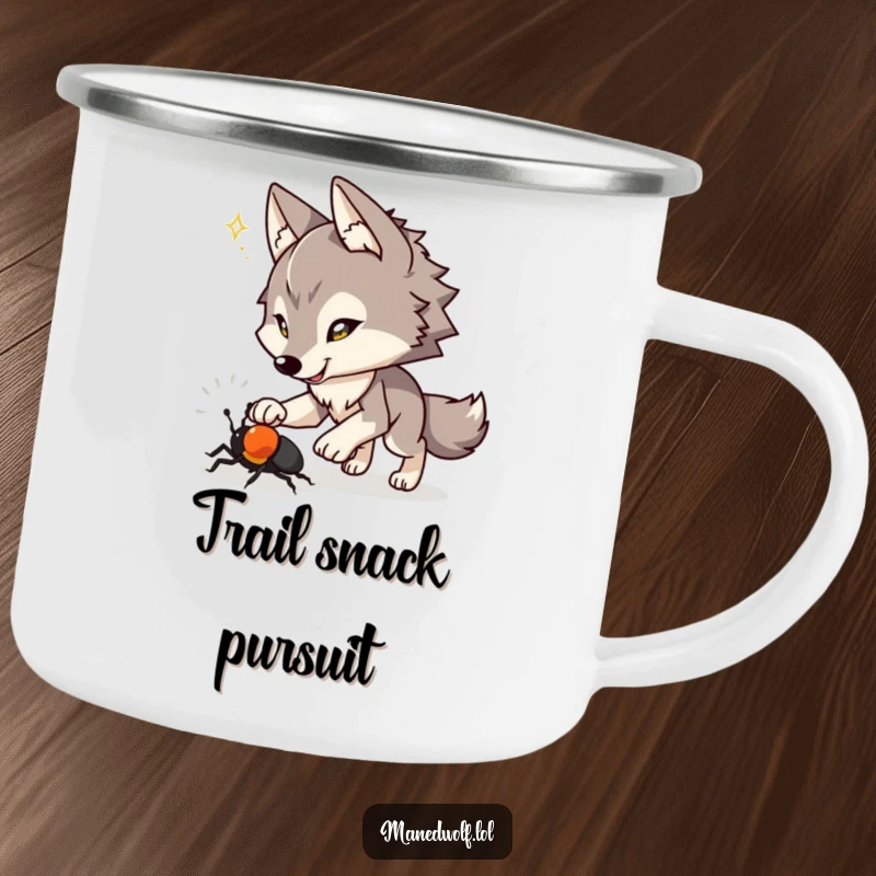 Funny camping mug with a maned wolf playfully chasing a beetle, ideal for adventurous souls and humorous moments.