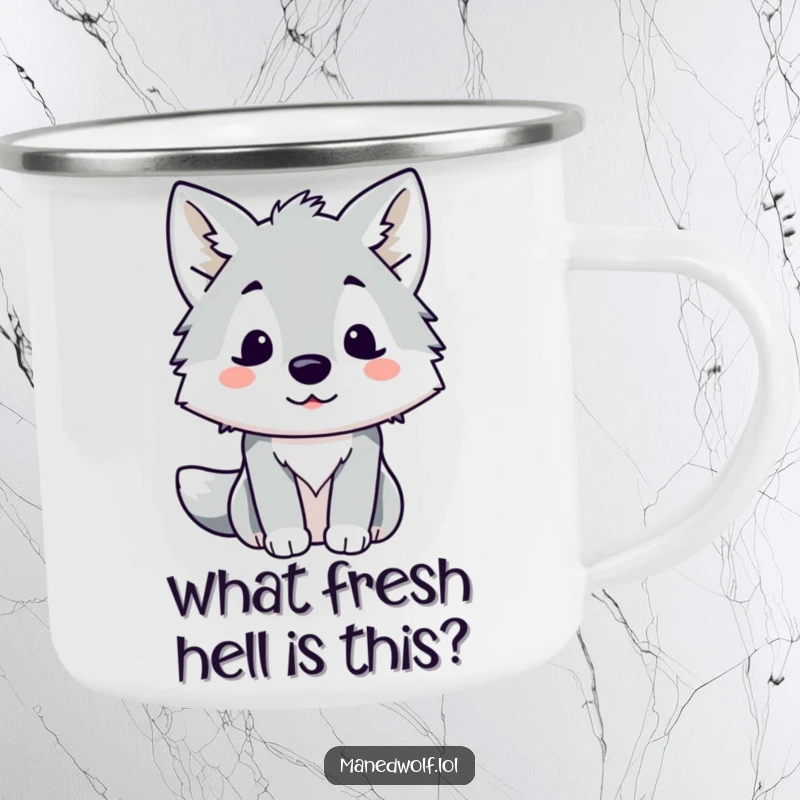 Funny Kawaii Maned Wolf Camping Mug featuring a surprised wolf, durable for outdoor use, a perfect funny gift.